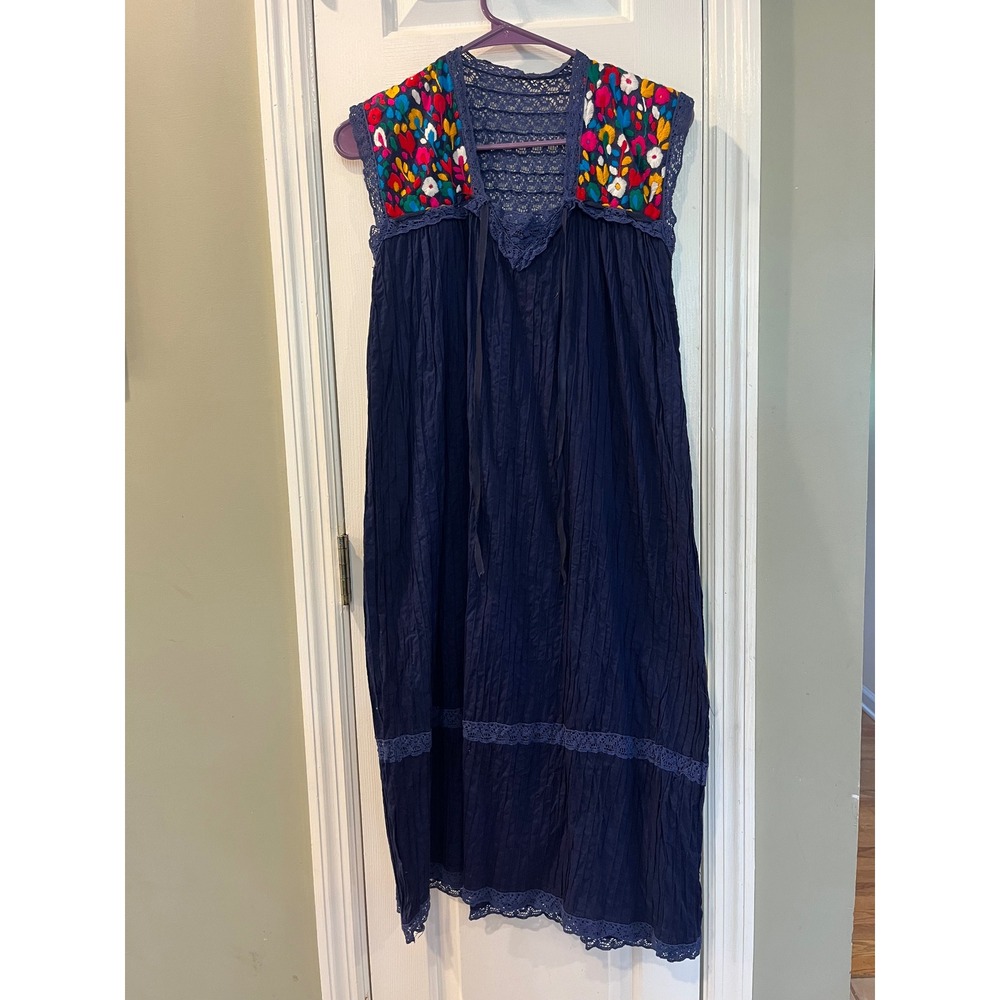 Boho Mexican Floral Embroidered Maxi Dress Navy Blue Lace Crochet Sleeveless S/M